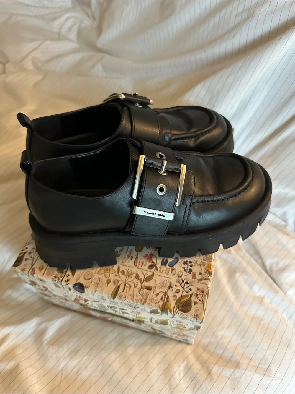 Michael Kors Black Colby Leather Lug Sole Buckle Loafers - 6